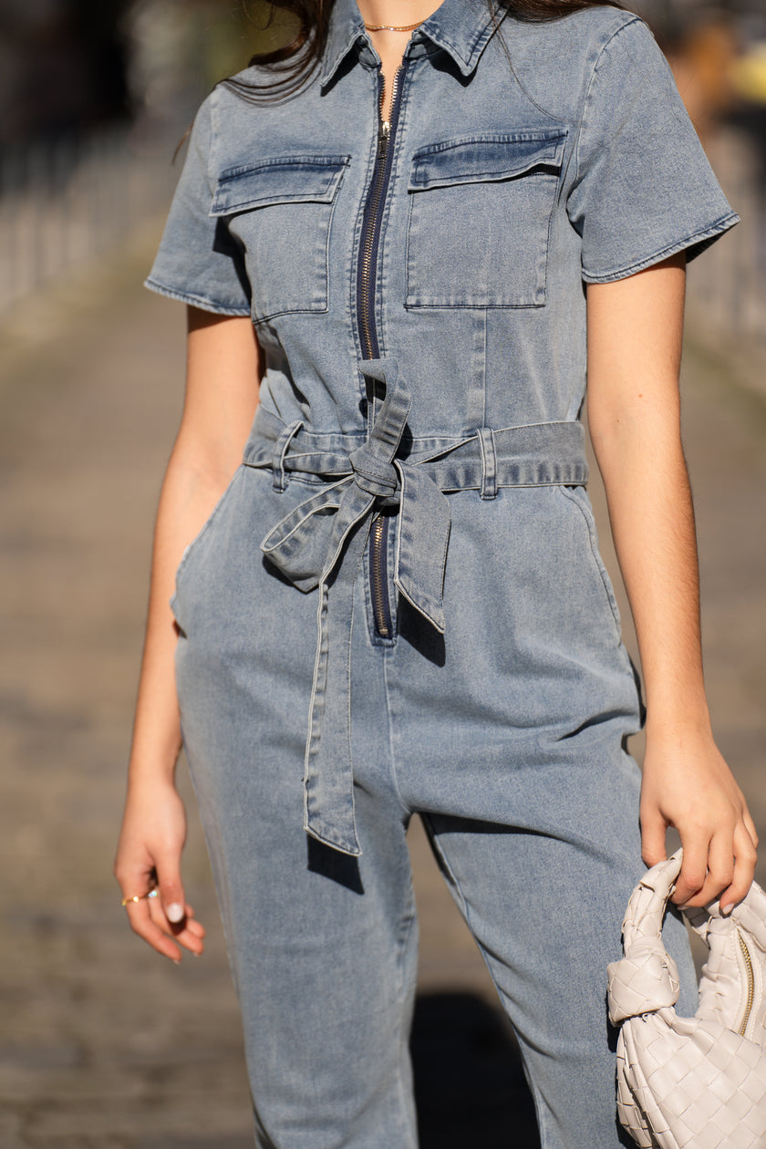 Short sleeve denim jumpsuit