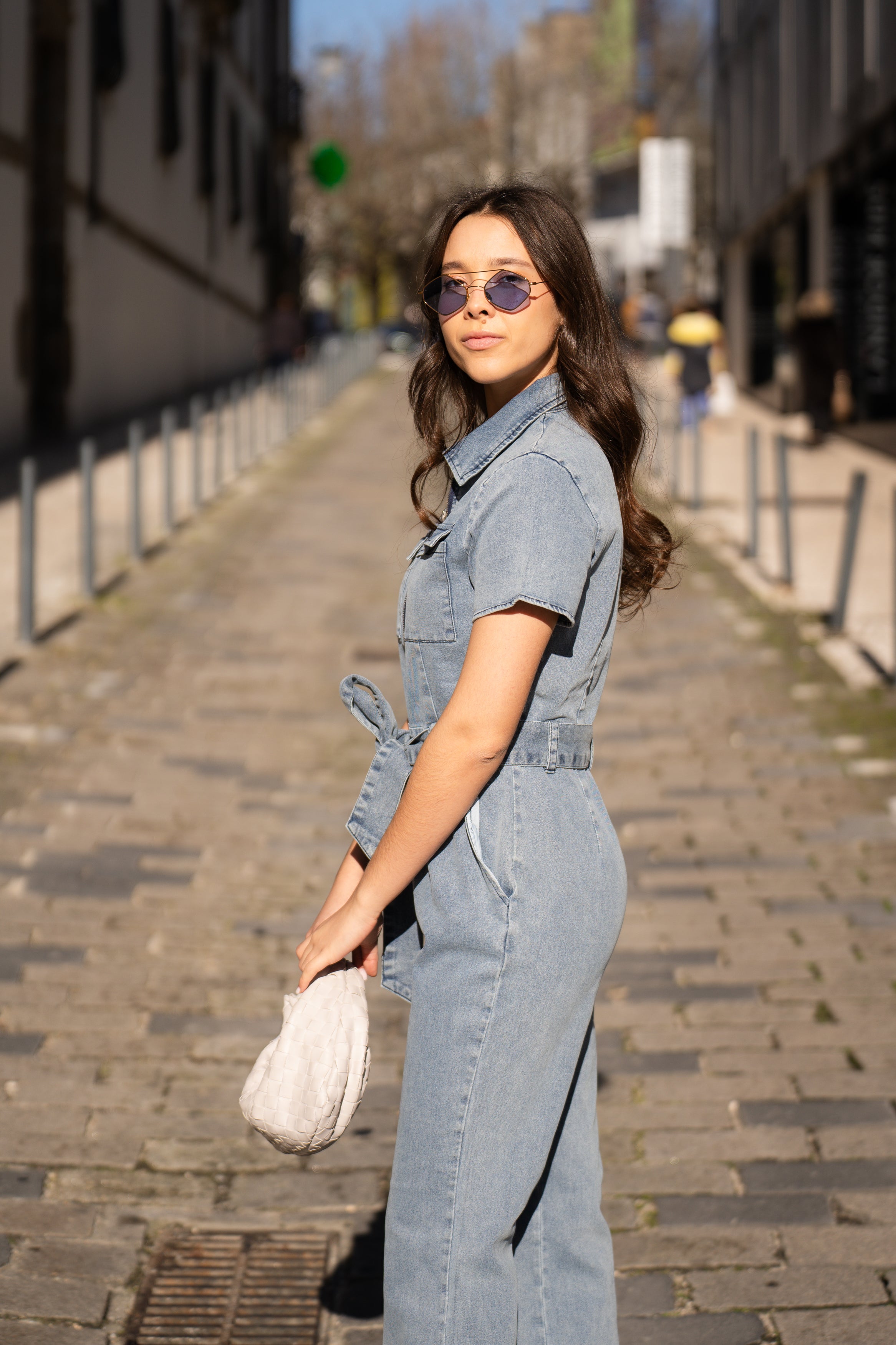Short sleeve denim jumpsuit