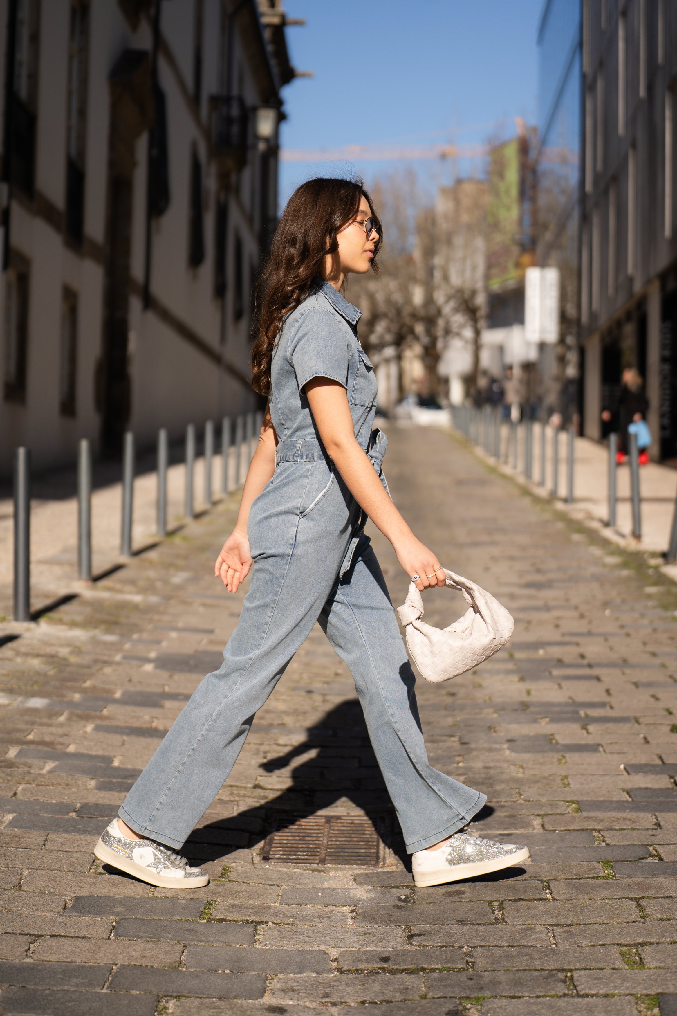 Short sleeve denim jumpsuit