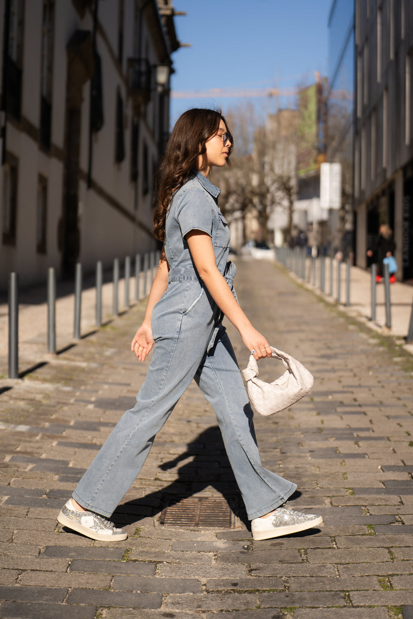 Short sleeve denim jumpsuit