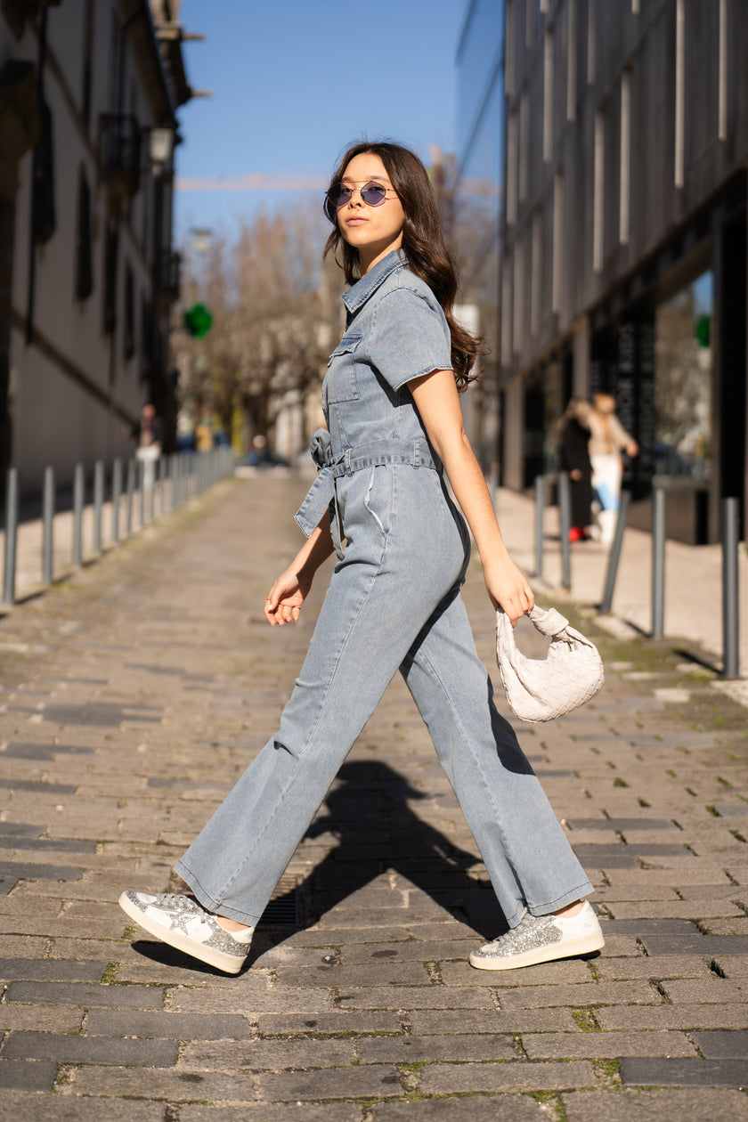 Short sleeve denim jumpsuit