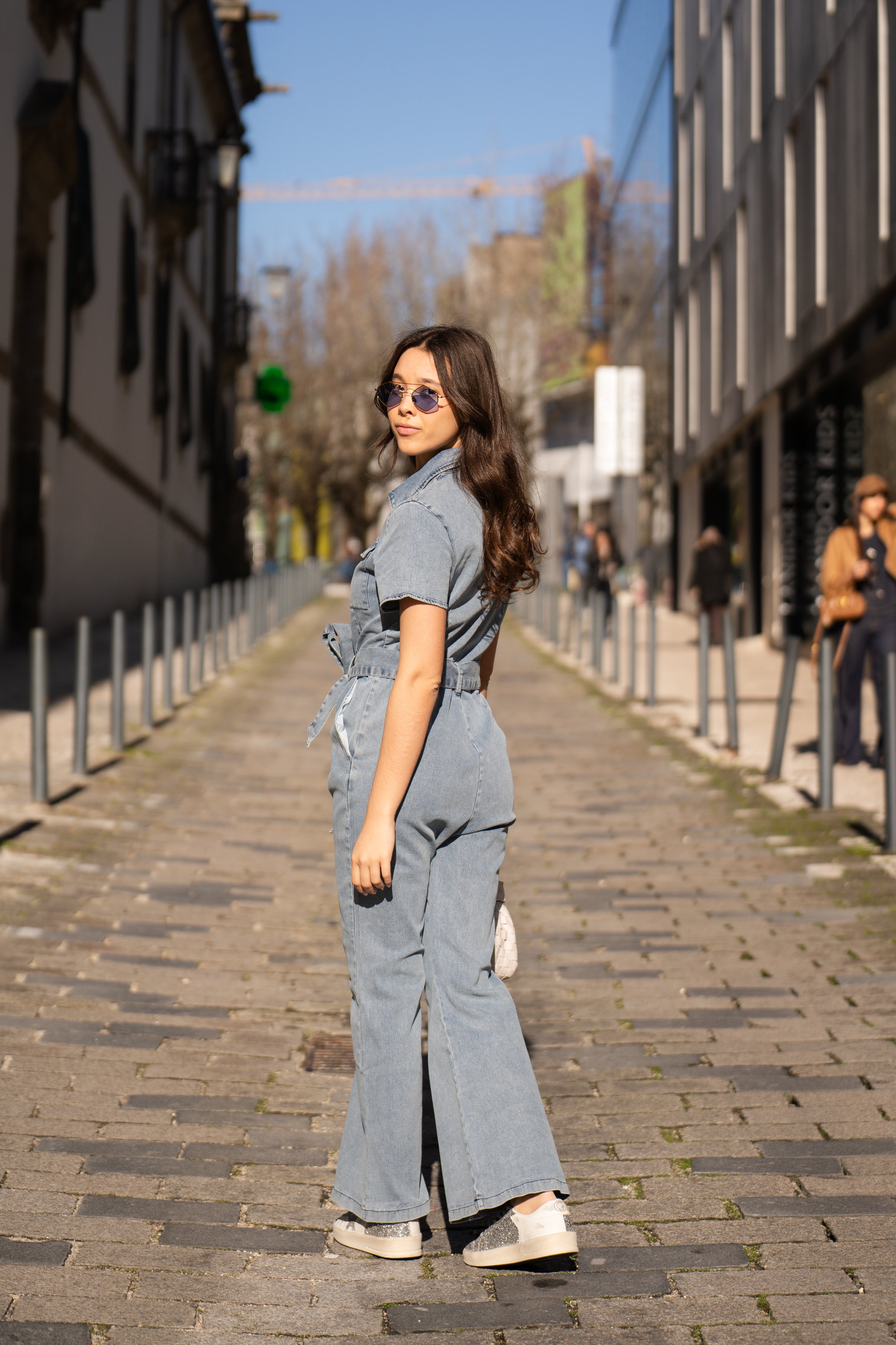 Short sleeve denim jumpsuit