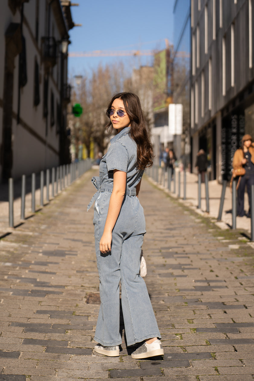 Short sleeve denim jumpsuit